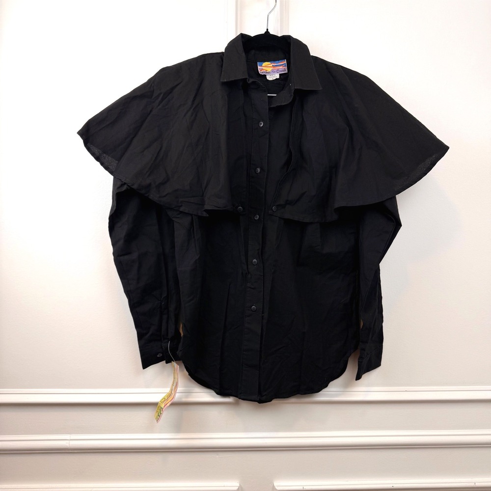 Cricket by the Creek Womens Black Cotton Capelet Cape Button Front Shirt Small